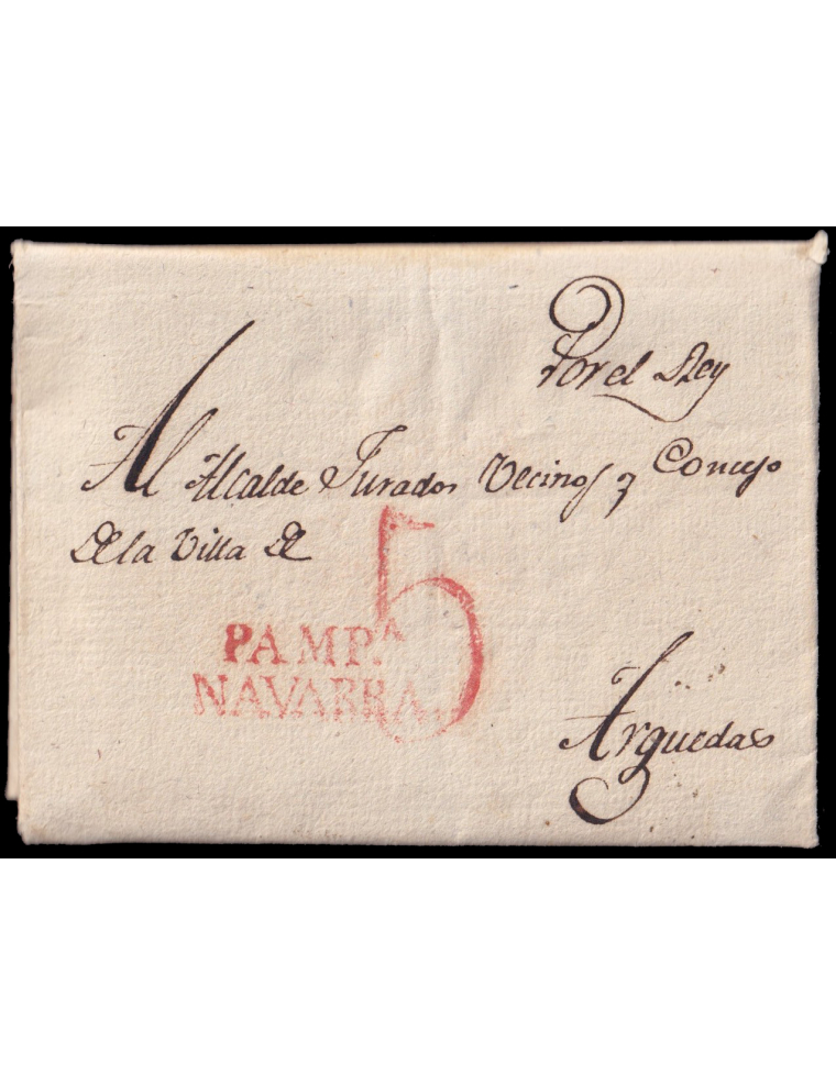 1828 (8 JUN) Pamplona a Arguedas (Navarra). Marca “PAMP.A/NAVARRA”(n31) y porteo “5” cuartos ambas en rojo. Al dorso sello placa