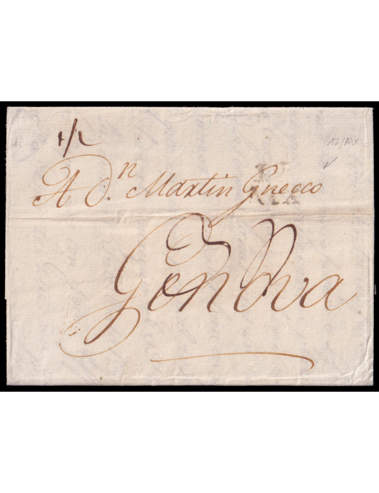 1797 (19 ABR) Madrid a Génova (Italia). Marca “12/ AIX” en negro de Aix. Porteo mns. Al dorso marca del encaminador “Maquau” de 