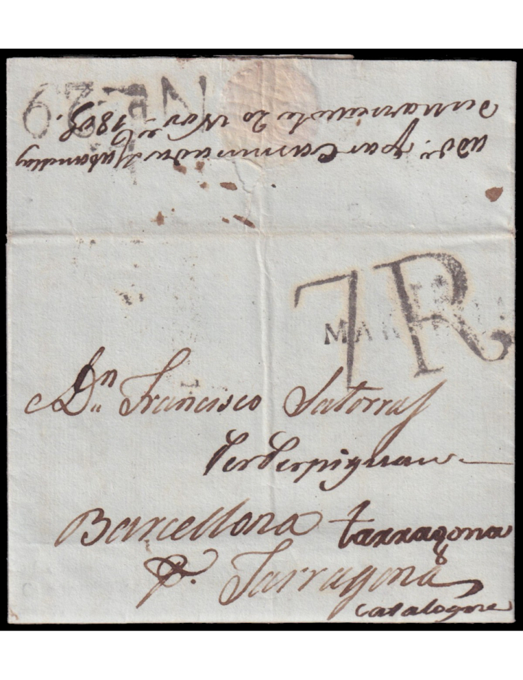 1805 (28 OCT) Civittavechia (Italia) a Tarragona. Marca “12/ MARSEILLE” en negro. Porteo “7R”reales en negro de Barcelona. Al do