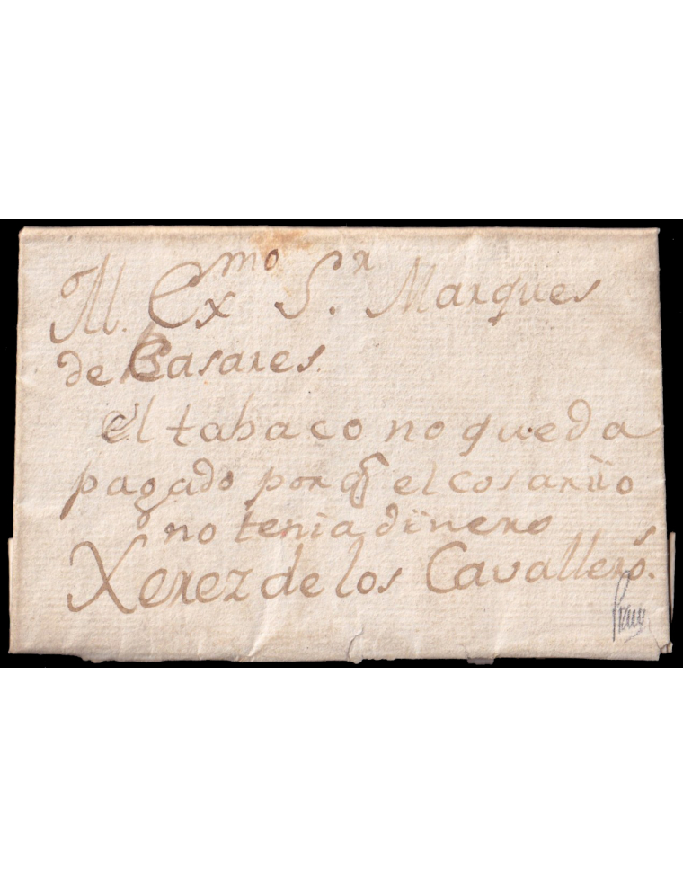 1814 (14 FEB) Sevilla a Jerez de los Caballeros. Indicación mns. “el tabaco no queda/ pagado por el cosario/ no tenía dinero”. M