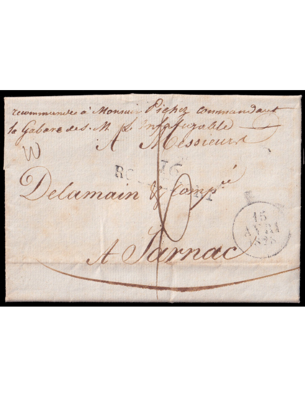 1828 (29 MAR) Cádiz a Jarnac (Francia). Marca “16/ROCHEFORT” y fechador circular ambas en negro. Mns. “Recommandé à Monsieur Pic