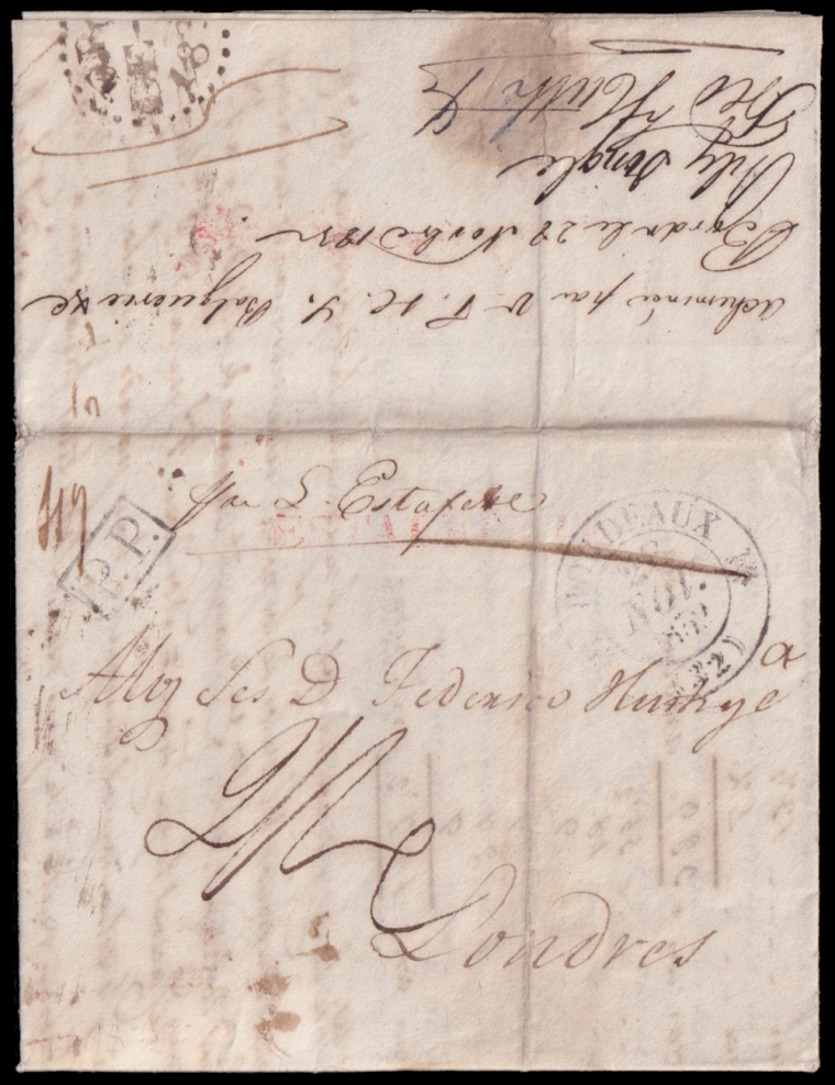 1832 (14 NOV) Sevilla a Londres. Fechador y “P.P.” recuadrado ambas en negro de Burdeos y marca “ESTAFFETE” lineal en rojo refre