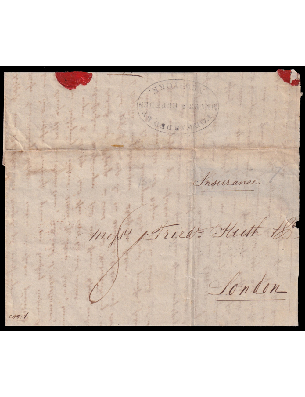 1839 (26 NOV) La Habana a Londres. Sin marcas postales. Porteo mns. “8”e indicación “Insurance” y “n1”. Al dorso marca del encam