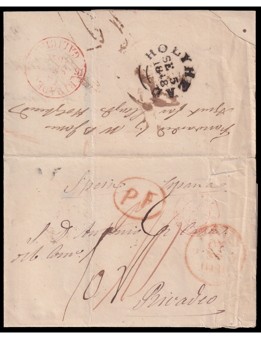 1848 (5 SET) Holyhead (Inglaterra) a Ribadeo. Fechador inglés y “PF” recercada en rojo. Porteo mn. “10”reales. Al dorso marca mn