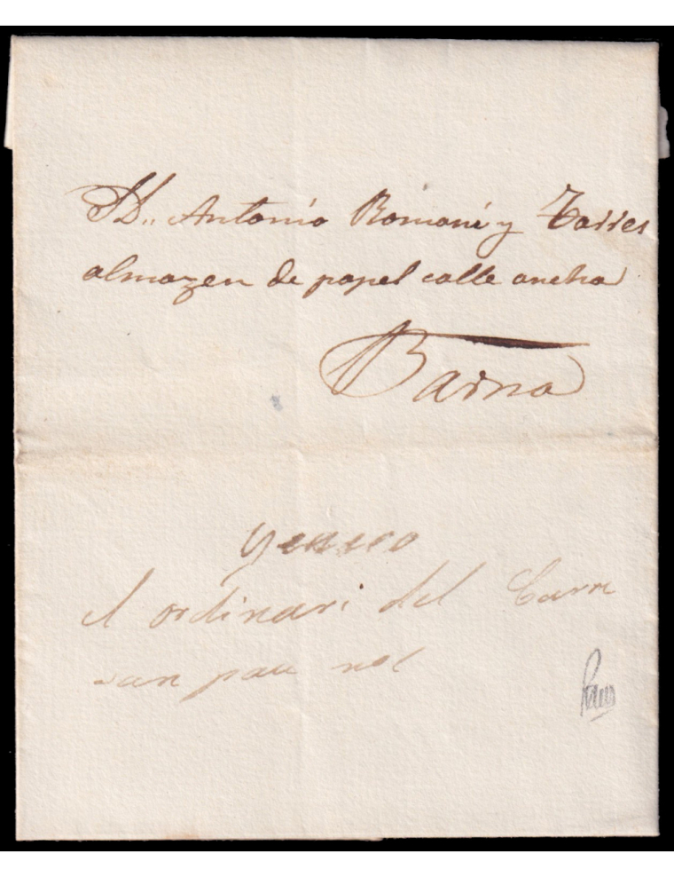 1858 (3 MAY) Vilanova i Geltrú a Barcelona. Al dorso indicación mns. “Genaro/ el ordinario del Carre/san Pau n1” (Genaro el ordi