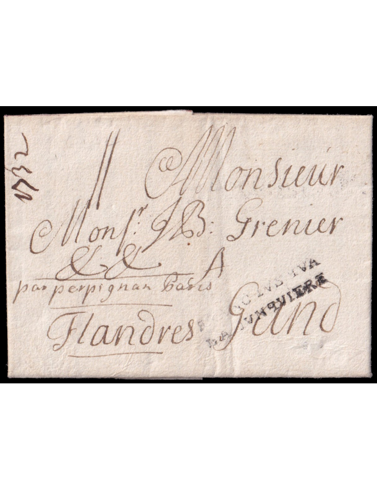 1732 (29 JUN) Barcelona a Gante (Bélgica). Marca “FRANC IVSQVA/ LA IVNQVIERE” (n65) en negro. Porteo mns. “11” soles. La marca d