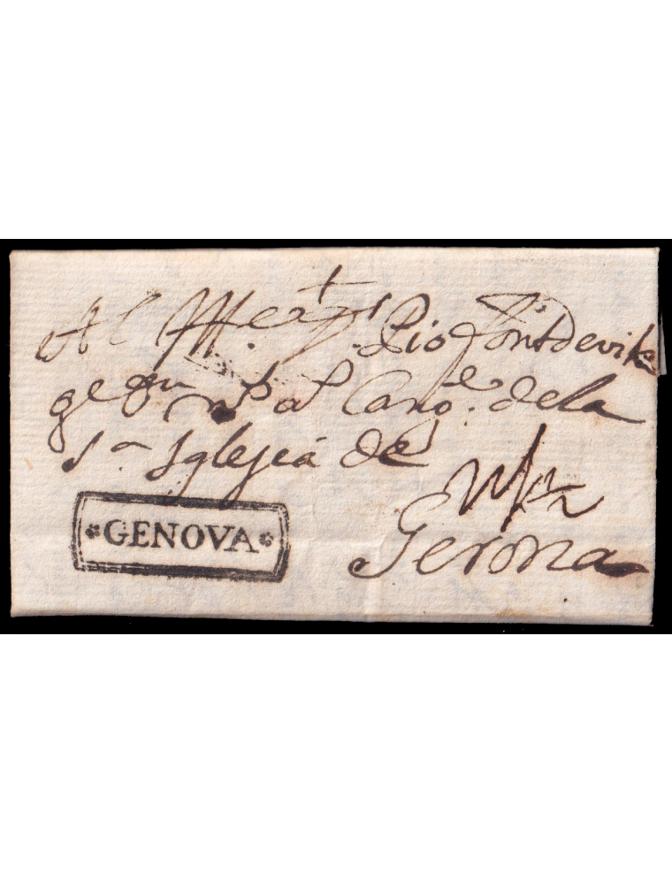 1736 (10 JUL) Nápoles (Italia) a Gerona (España). Marca “*GENOVA*” (n118) de la oficina postal española en Génova y al dorso mar