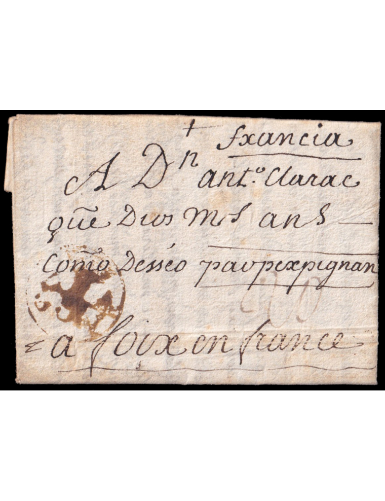 1767 (10 SET) Linares a Foix (Francia). Marca “ARA/GON” (n1). Coronada y recercada en tinta de escribir de Teruel. Porteo mns. “