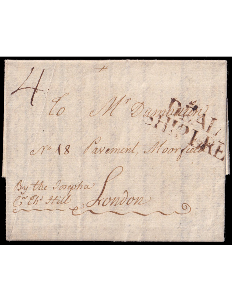 1773 (16 DIC) Cádiz a Londres. Marca “DEAL/SHIPLRE” en tinta de escribir. Porteos mns “4”d y mns. “By the Josepha Cn Ihs Hill”. 