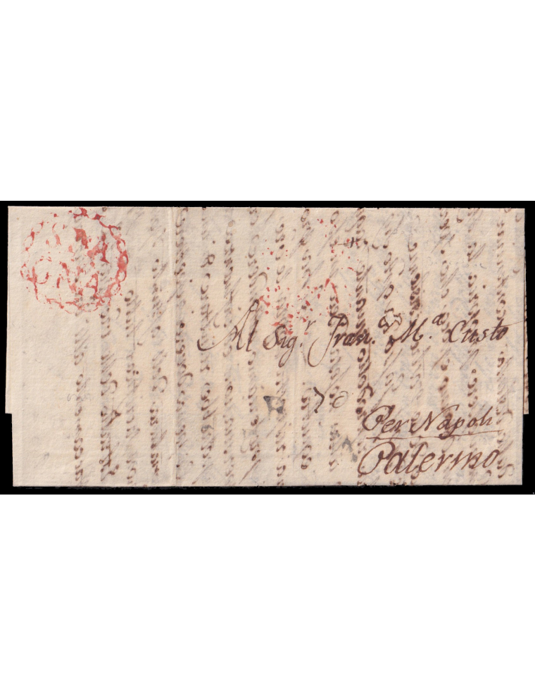 1798 (20 JUN) Barcelona a Palermo (Italia). Marca de origen poco legible y probablemente por ello sellada con la rara marca “SPA