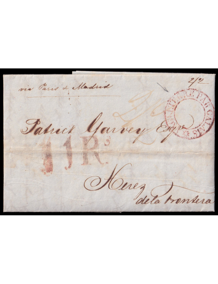 1835 (14 AGO) Londres a Jerez. Marca “ANGLATERRE PER CALAIS”(VdL n181) circular en rojo. Porteo “11 R.S” reales en rojo oxidado.