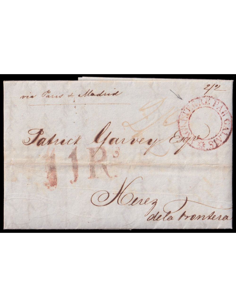 1835 (14 AGO) Londres a Jerez. Marca “ANGLATERRE PER CALAIS”(VdL n181) circular en rojo. Porteo “11 R.S” reales en rojo oxidado.