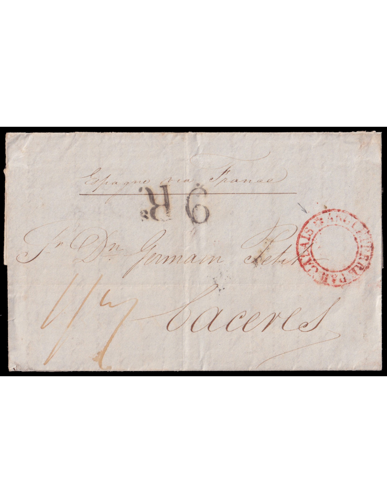 1837 (3 FEB) Londres a Cáceres. Marca “ANGLATERRE PER CALAIS”(VdL n181) circular en rojo. Porteo “9 R.S” reales en negro. Mns. “