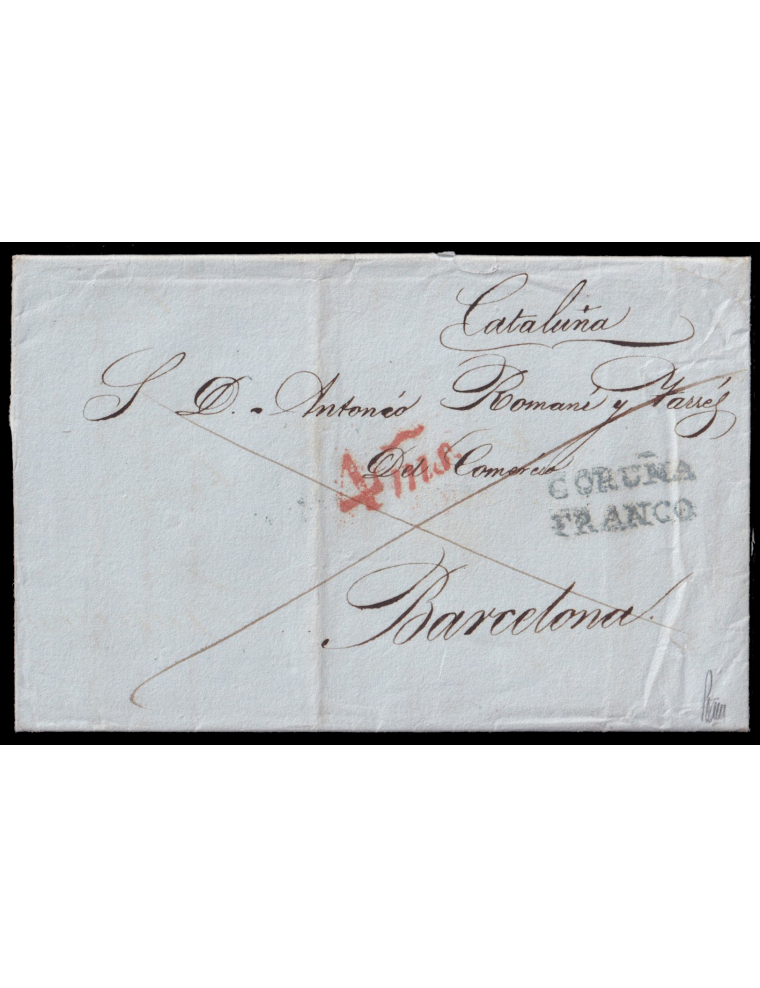 1839 (28 ENE) La Coruña a Barcelona. Marca “CORUÑA/FRANCO” (n17) en azul. Aspado de franqueo y sobreporte “4ms” maravedís en roj