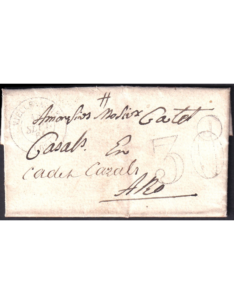 1861 (14 SET) Bielsa (Huesca) a Arreau (Francia). Fechador de Viellenueve y tasa “30” céntimos por ausencia de franqueo. Marca “