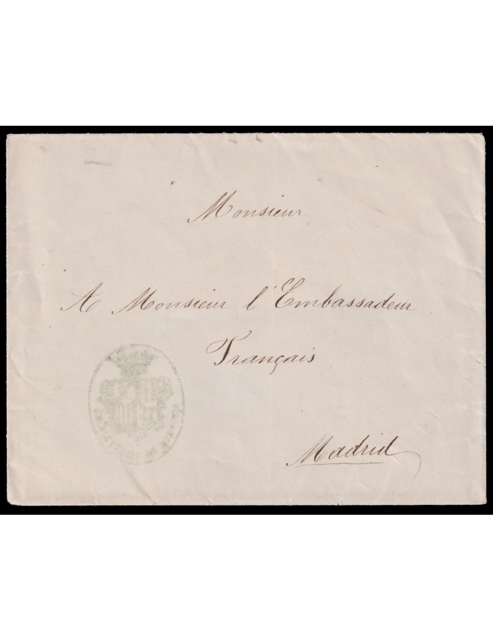 1869 circa. Andorra a Madrid.Andorra a Madrid. Timbre del Gobierno con el escudo de Andorra en azul acei­toso, algo tenue. Sobre