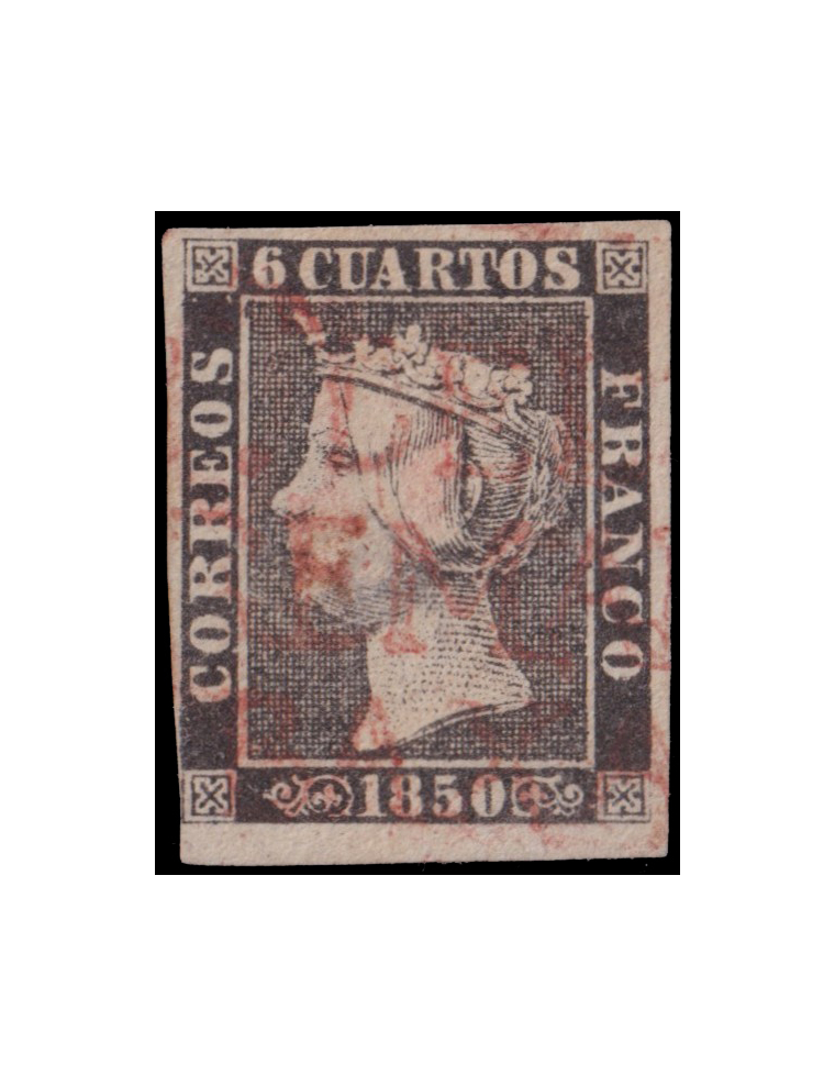 1A 1850. 6 cuartos negro (II-13) mat. prefilatélico “CABA. DEL BUEY/ ESTREMADURA/BAXA.” (Guinovart n24) en rojo de Cabeza del Bu