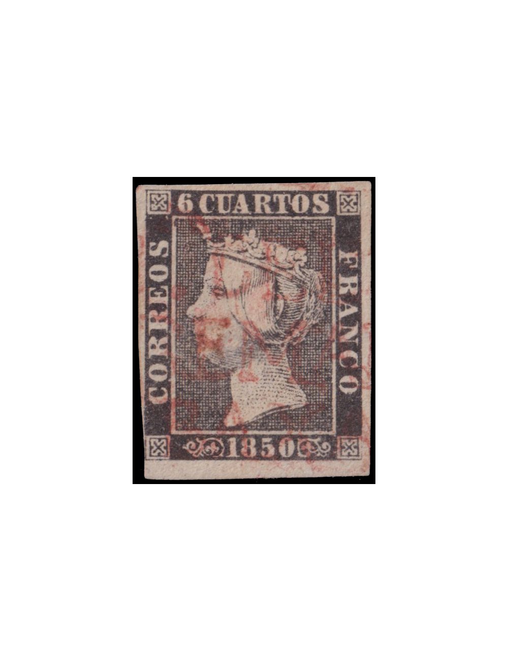 1A 1850. 6 cuartos negro (II-13) mat. prefilatélico “CABA. DEL BUEY/ ESTREMADURA/BAXA.” (Guinovart n24) en rojo de Cabeza del Bu