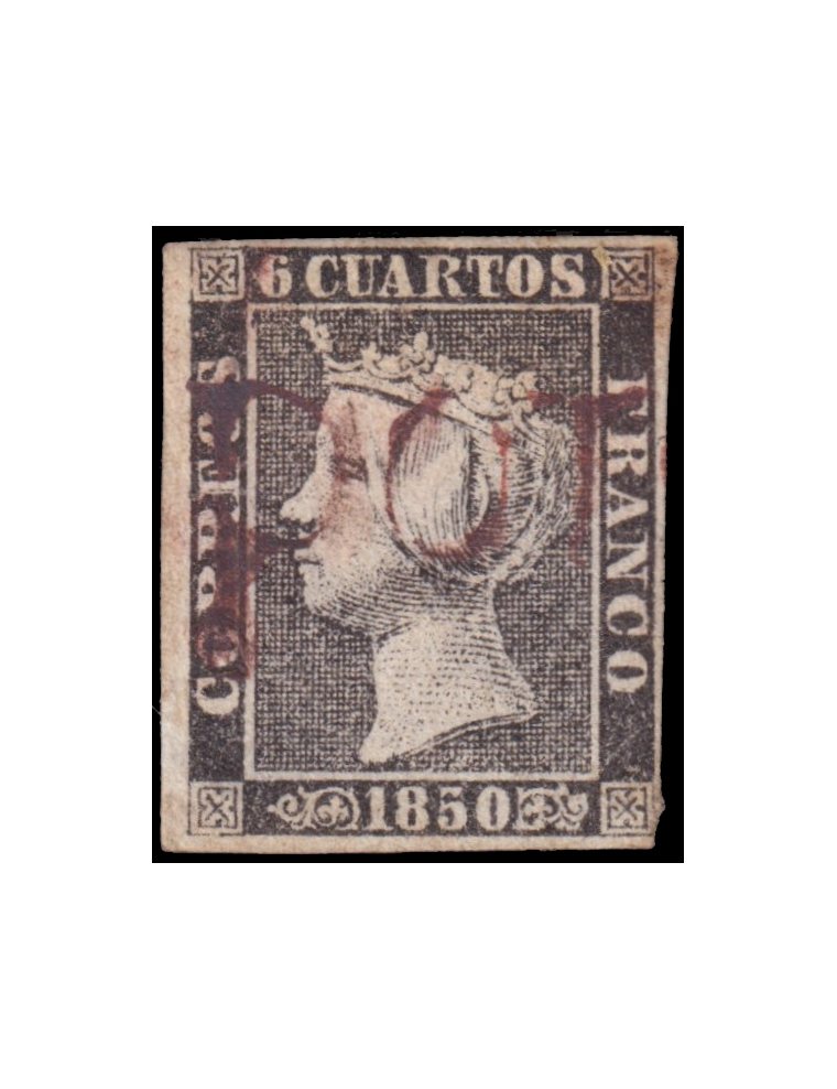 1A 1850. 6 cuartos negro (II-13) mat. prefilatélico “POTES” (Guinovart n51) lineal en rojo de Potes. Precioso ejemplar. Raro en 