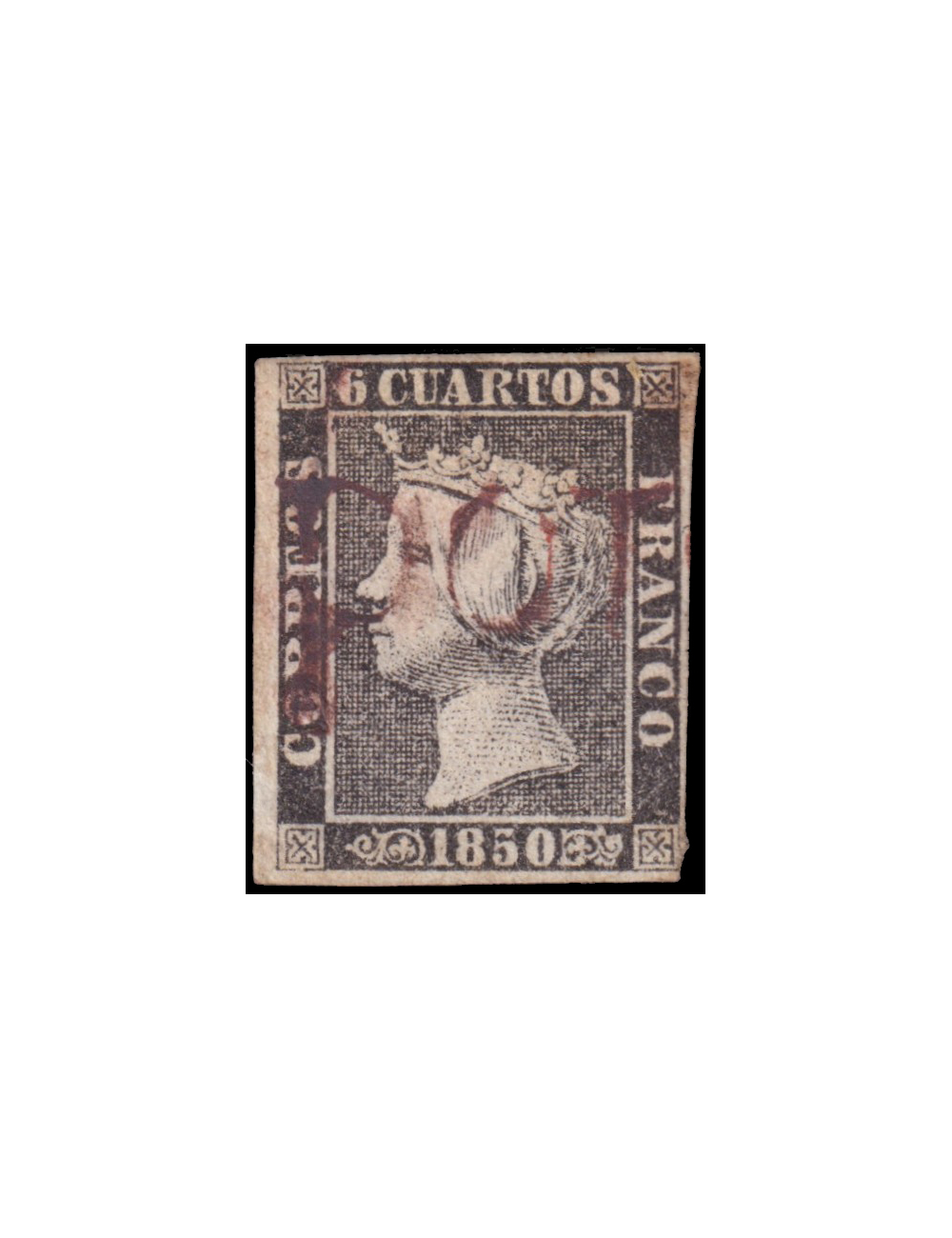 1A 1850. 6 cuartos negro (II-13) mat. prefilatélico “POTES” (Guinovart n51) lineal en rojo de Potes. Precioso ejemplar. Raro en 