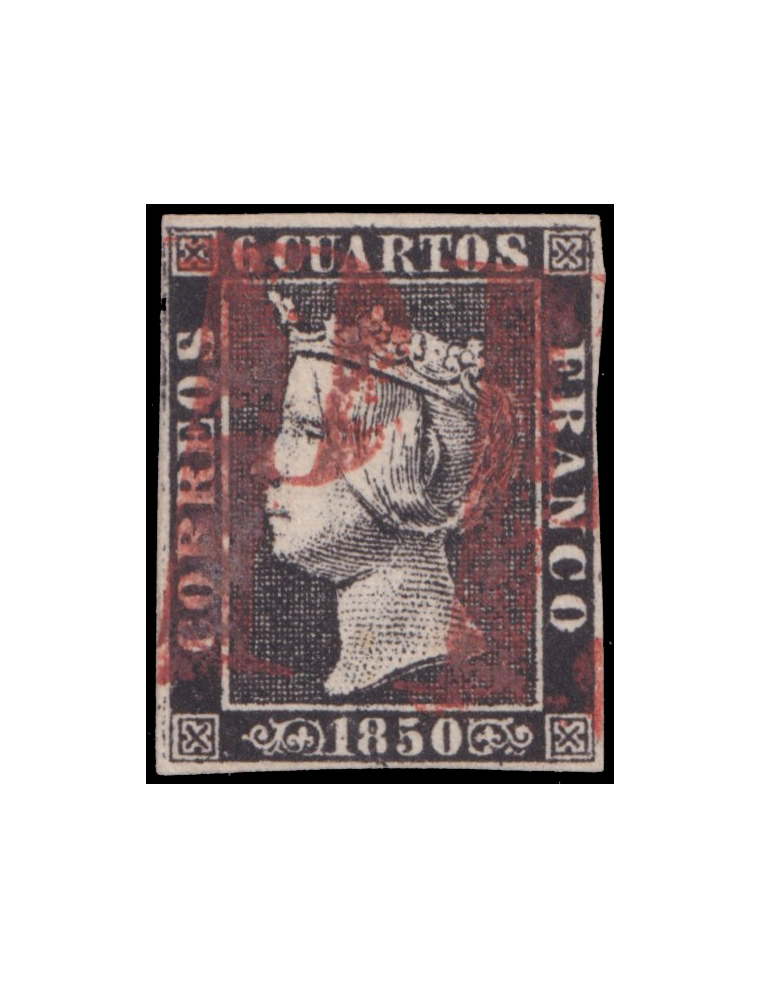 1 1850. 6 cuartos negro (I) mat. prefilatélico “PP.” (Guinovart n86) en rojo de Salamanca. Precioso y rarísimo ejemplar.