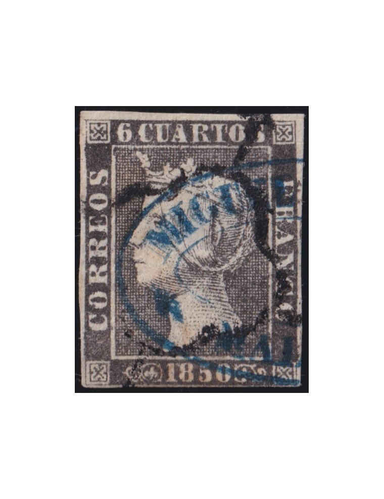 1A 1850. 6 cuartos negro (II) mat. comercial “MIGUEL/MAL(AGA)” (Guinovart n245) en azul mixta con araña en negro. Precioso y rar