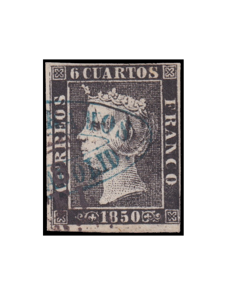 1 1850. 6 cuartos negro (I-15) mat. comercial “(…)RAMOS/(VALL)ADOLID” (Guinovart n245) en azul mixta con tenue fechador. Precios