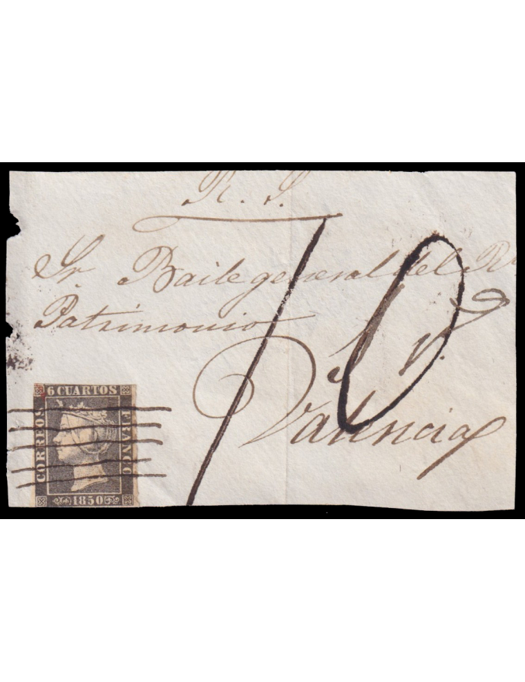 1850. A Valencia. 6 cuartos negro (I) mat. Cinco trazos paralelos en tinta de escribir y porteo mns. “1rl” rectificado a “10” cu