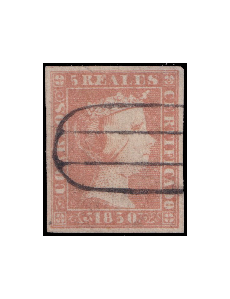 3 1850. 5 reales naranja mat. provisional “parrilla” (Guinovart n11) en negro de Madrid. Precioso ejemplar. Pieza rarísima y exq