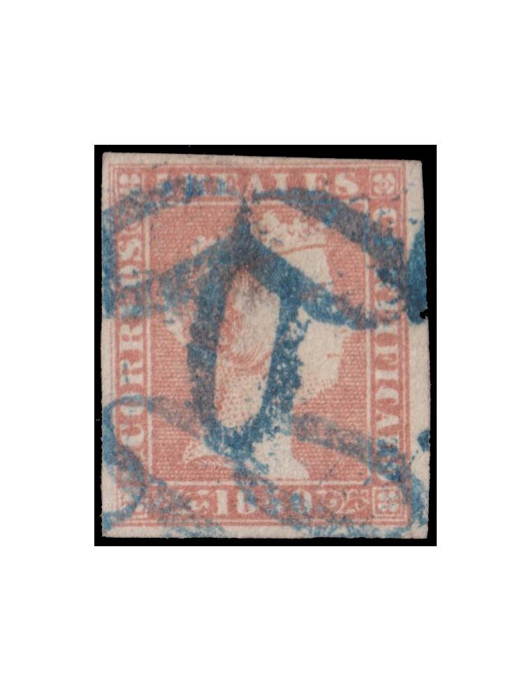 3 1850. 5 reales naranja mat. prefilatélico “0” (Guinovart n195) en azul de Zaragoza. Precioso y rarísimo ejemplar de extraordin