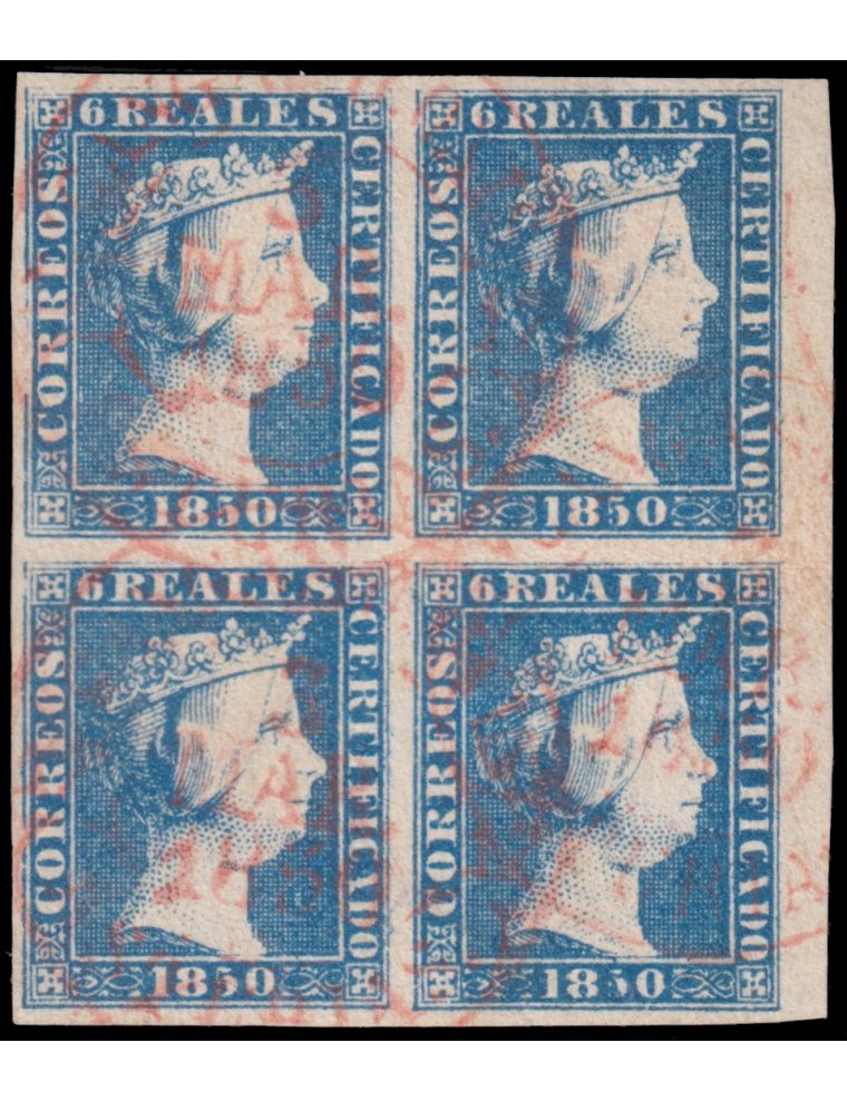 4(4) 1850. 6 reales azul. Extraordinario bloque de 4 con amplísimos márgenes y borde derecho de hoja. Mat. fechador en rojo de C