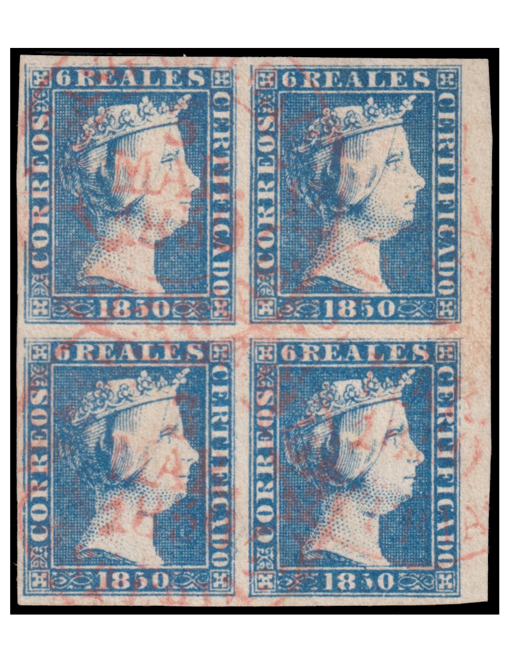 4(4) 1850. 6 reales azul. Extraordinario bloque de 4 con amplísimos márgenes y borde derecho de hoja. Mat. fechador en rojo de C