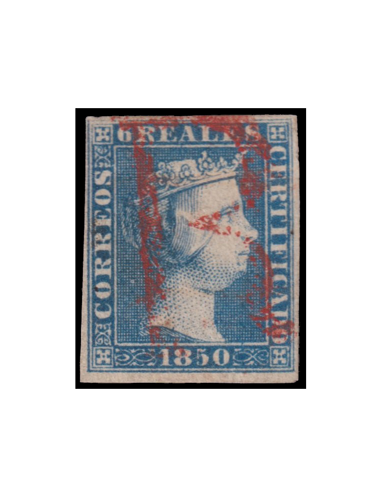 4 1850. 6 reales azul mat. prefilatélico “R” en rojo de Albacete. Precioso y rarísimo ejemplar de márgenes muy amplios. Excepcio