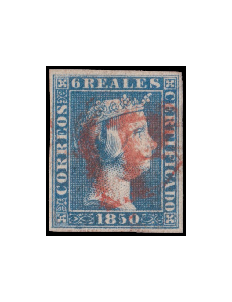 4 1850. 6 reales azul mat. prefilatélico “1.R” (Guinovart n201) en rojo de Bilbao. Precioso y rarísimo ejemplar de márgenes muy 