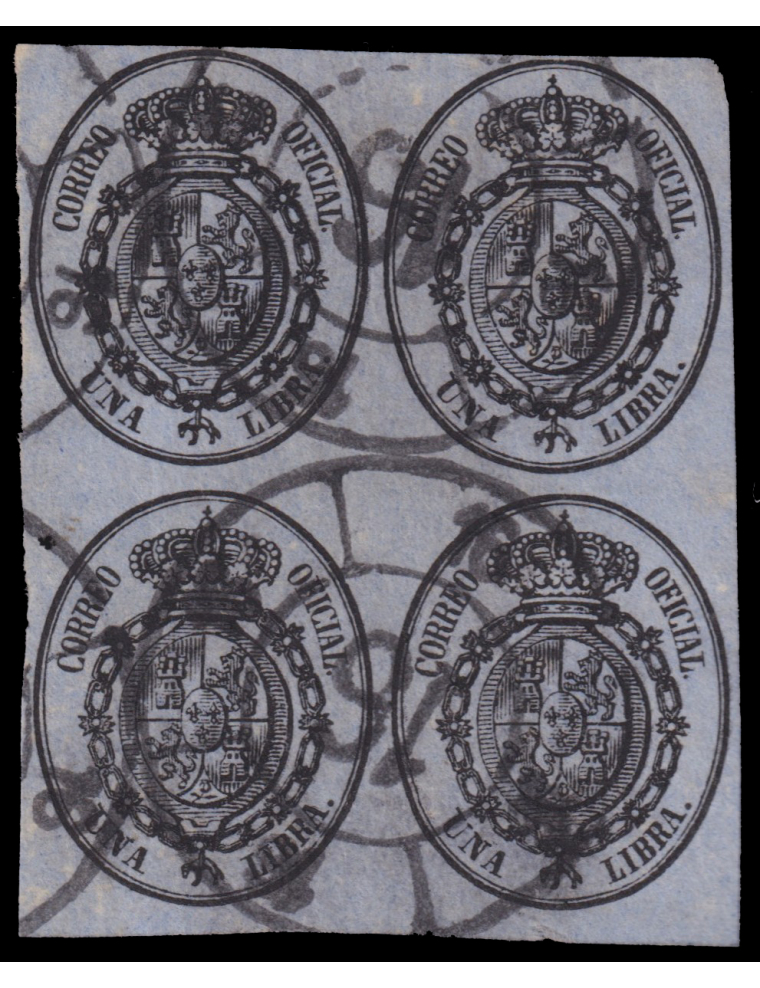 38(4) 1856 circa. Una libra. Bloque de 4 mat. RC “16” en negro de Albacete. Muy bonito y raro. Fdo. Graus.