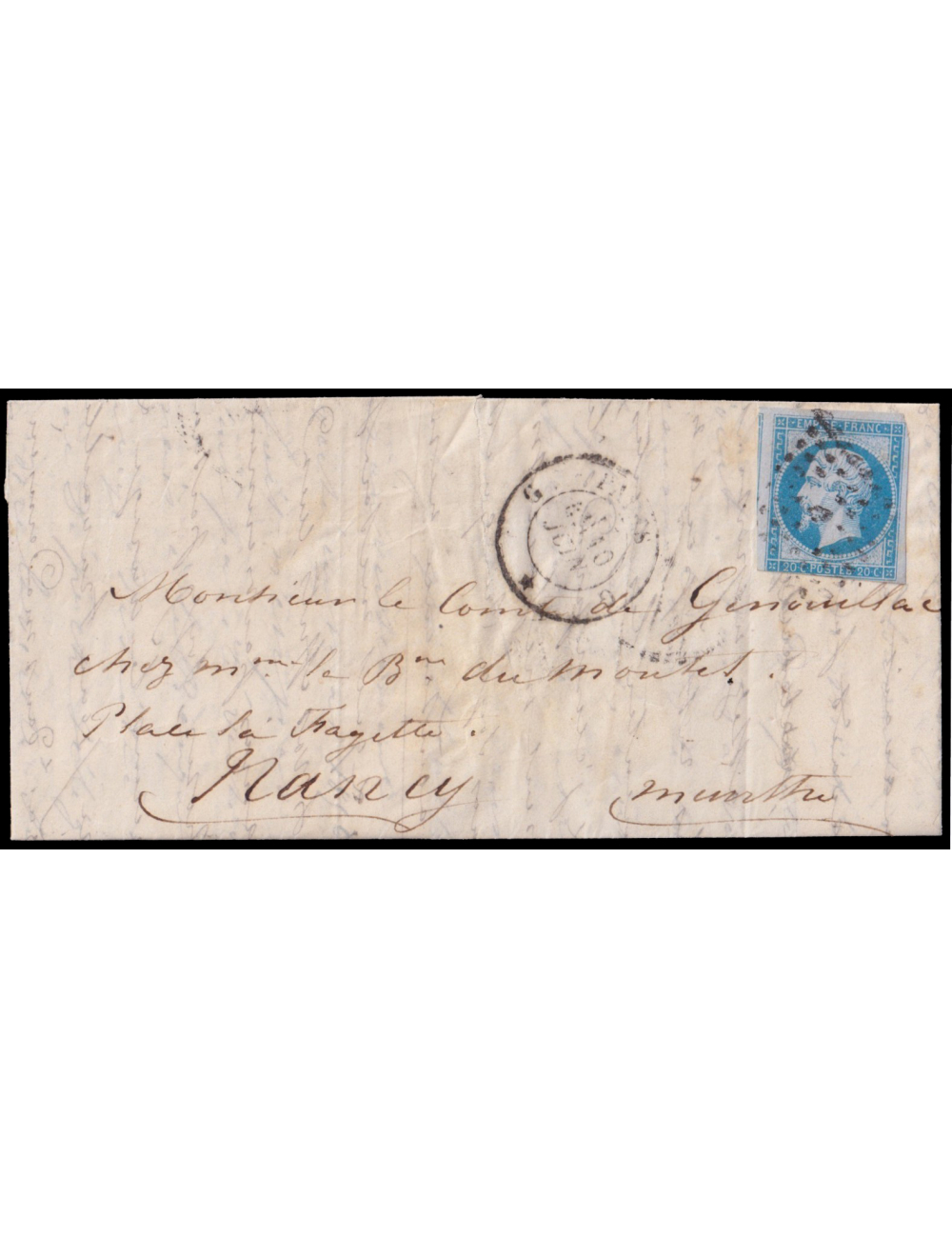 Yv14A 1858 (6 JUN) Madrid a Nancy (Francia) 20 cts. azul de Napoleón mat. RP y fechador ambos en negro de París. Interesante y r