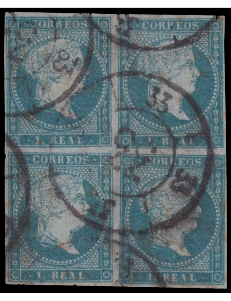 41(4) 1855 circa. 1 real azul verdoso. Bloque de 4 mat. RC “33” en negro de Logroño. Precioso y muy raro usado en la Rioja. Fdo.