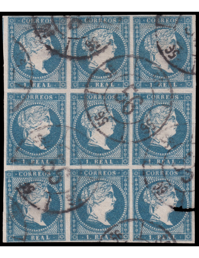 49(9) 1857 circa. 1 real azul. Bloque de nueve (3x3) mat. RC “56” en negro de Santiago de Compostela. Precioso bloque de muy bue