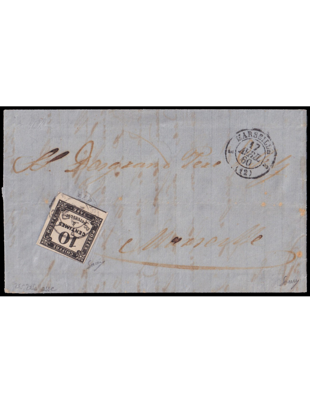 Yv.tasa.2 1860 (10 ABR) Valencia a Marsella (Francia). Carta privadamente conducida y depositada en el correo francés. Extraordi