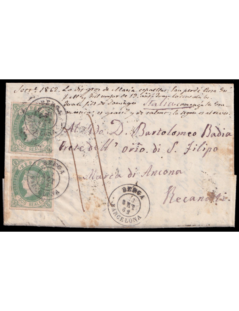 62(2) 1862 (22 SET) Casserres (Barcelona) a Recanati (Italia). 2 reales verde dos ejemplares mat. fechador “BERGA/ BARCELONA” qu