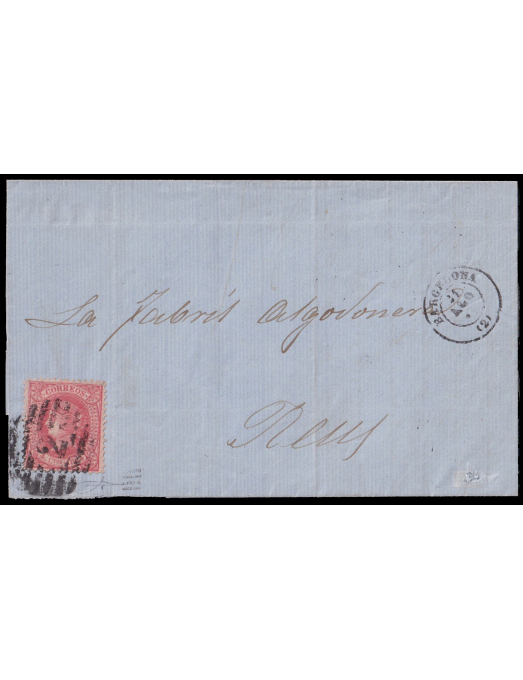 64dpa 1864 (31 AGO) Barcelona a Reus. 4 cuartos rosa variedad por dentado privado 12 ½ característico de Barcelona. Mat. PC “2” 