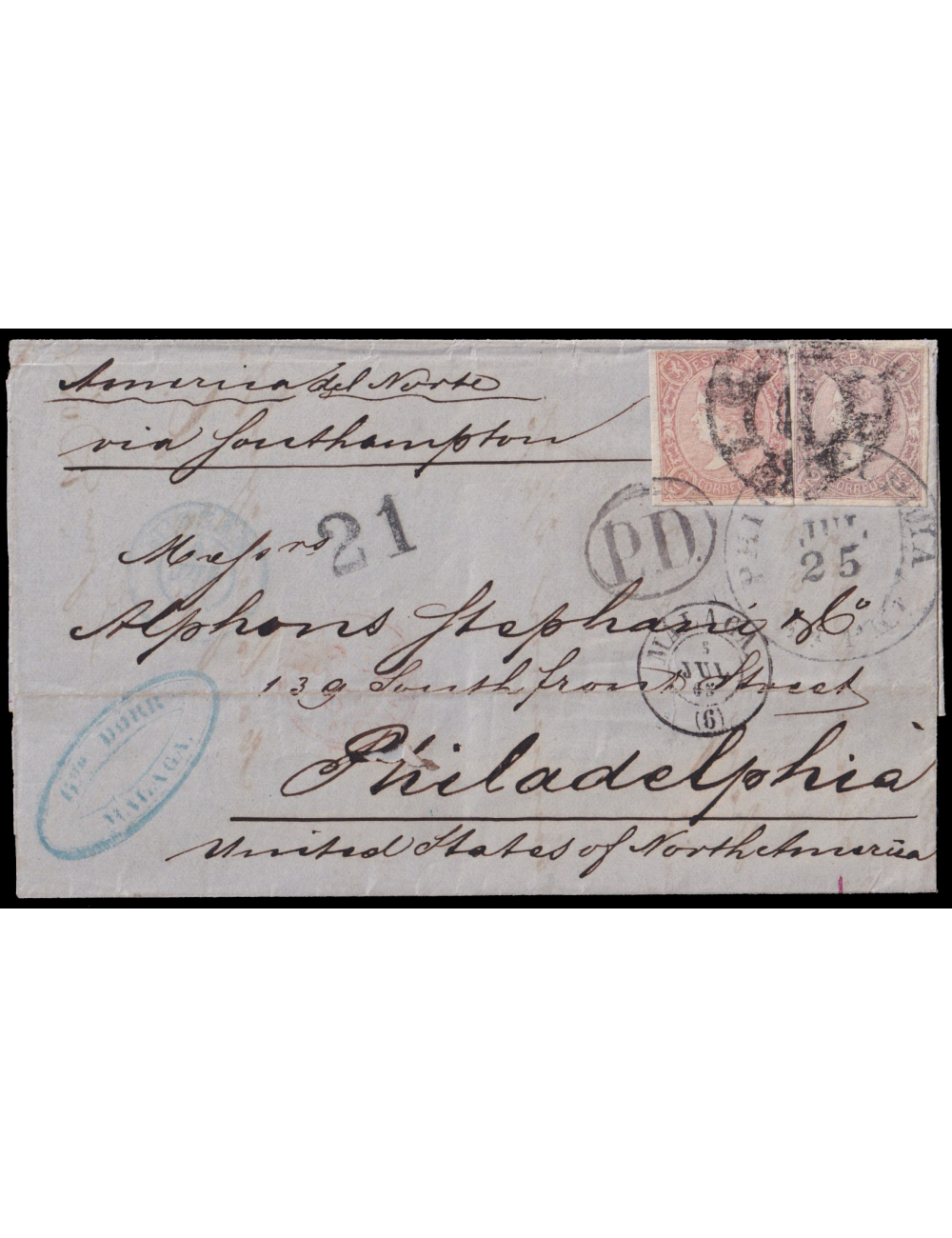 73 y 73A (3) 1865 (5 JUL) Málaga a Philadelphia (Estados Unidos). 2 reales lila y tres ejemplares del 2 reales salmón dos de ell