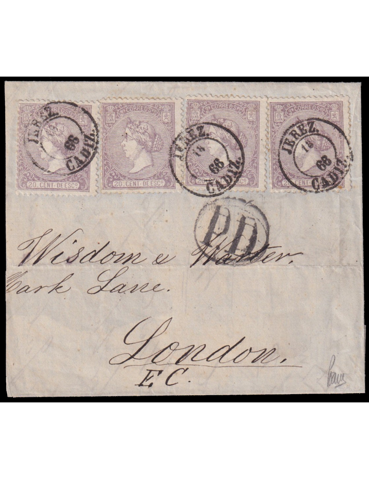 85(4) 1866 (18 ENE) Jerez a Londres. 20 cts. lila cuatro ejemplares mat. fechador “JEREZ/ CADIZ” con el año omitido. En el frent