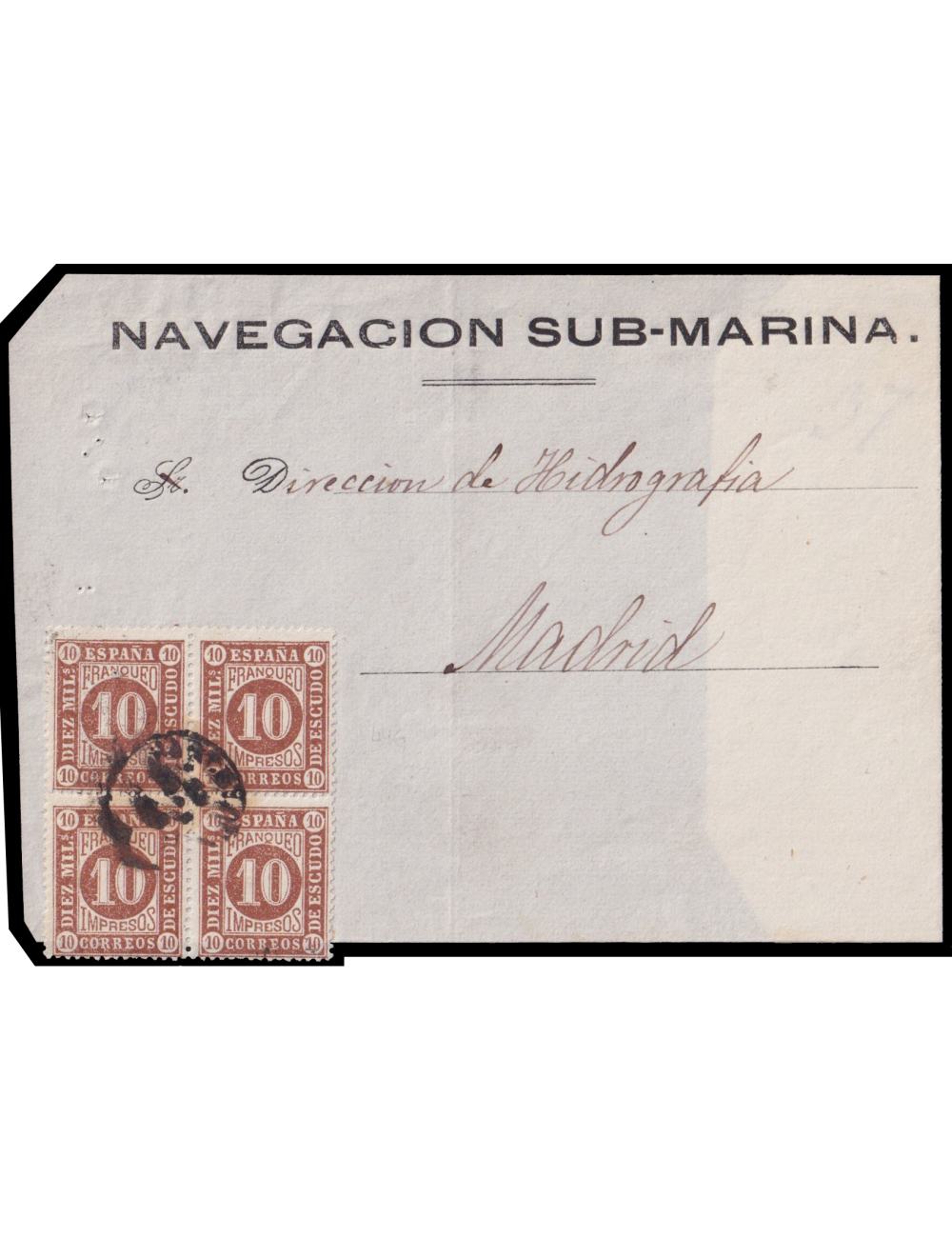 94(4) 1867. Barcelona a Madrid. 10 mils. castaño bloque de 4 mat. Fechador tipo II ilegible en negro de Barcelona. Frontal con s