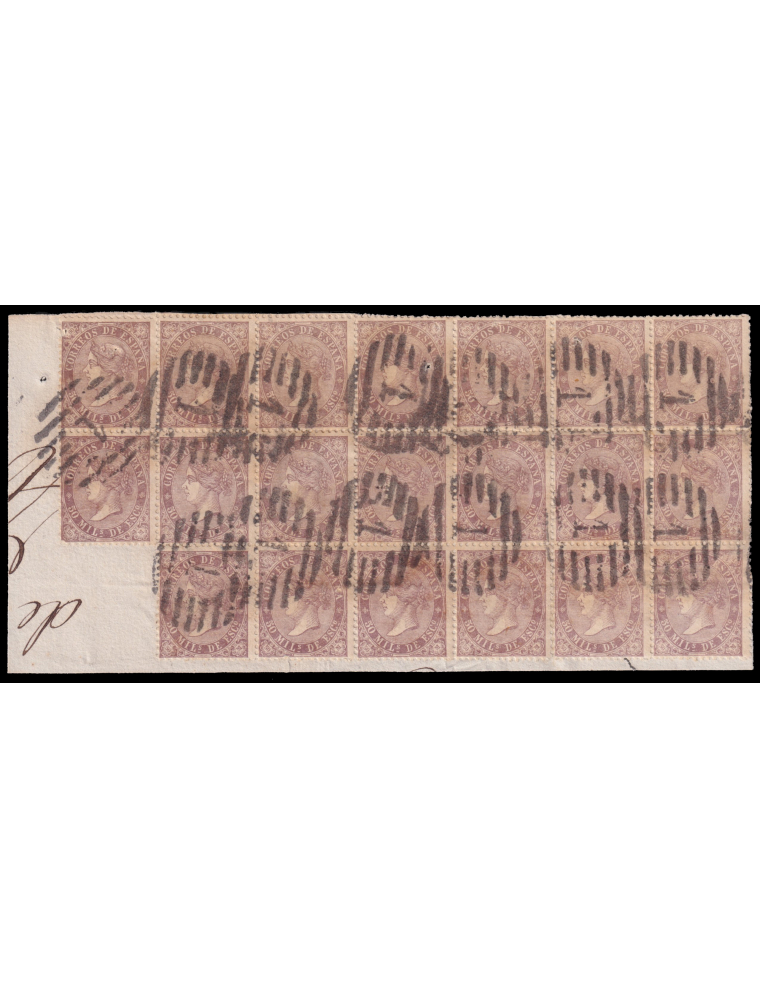 98(20) 1869. 50 mils. violeta. Bloque de veinte sobre fragmento. Mat. PC “1” en negro de Madrid. Muy bonito y raro en esta calid