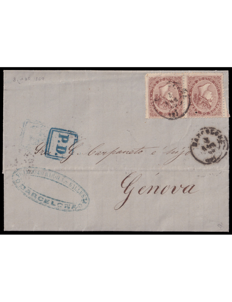 99(2) 1869 (7ABR) Barcelona a Génova (Italia). 100 mils. castaño rojo en pareja horizontal mat. fechador tipo II en negro de Bar