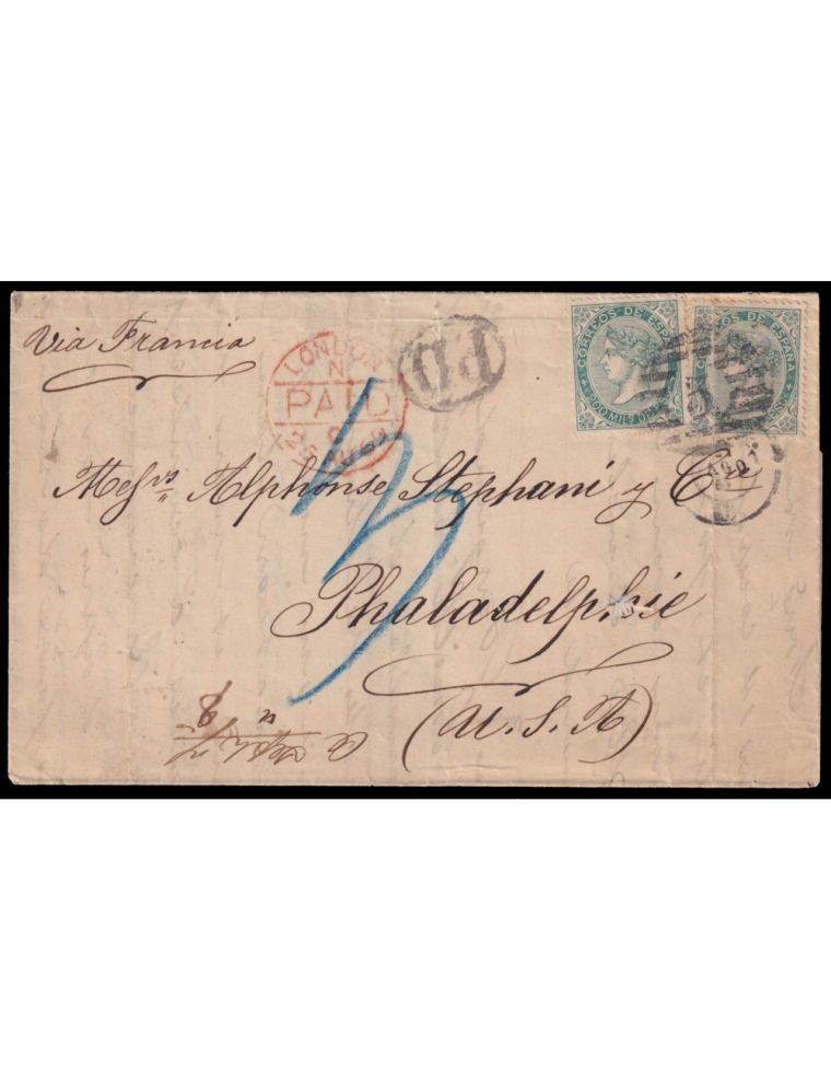 100(2) 1869 (24 AGO) Cádiz a Philadelphia (USA). 200 mils. verde 2 sellos mat. PC “3” y fechador tipo II en negro de Cádiz. En e