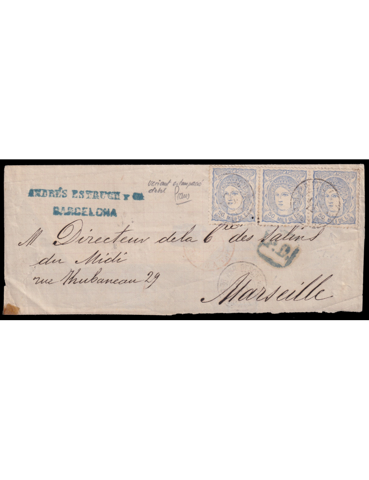 107(3) 1872 (27 SET) Barcelona a Marsella. 50 mils ultramar tres ejemplares con variedad por estampación muy débil que inicialme