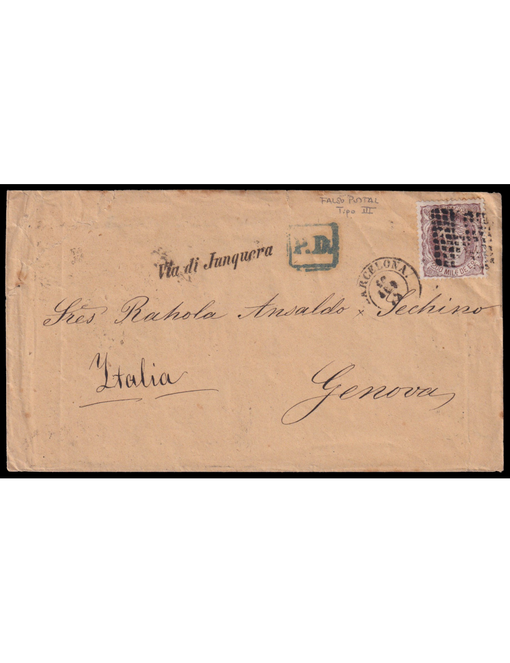 109F 1872 (19 JUL) Barcelona a Génova (Italia). 200 mils. castaño falso postal tipo III mat. RP limados y en el frente fechador 