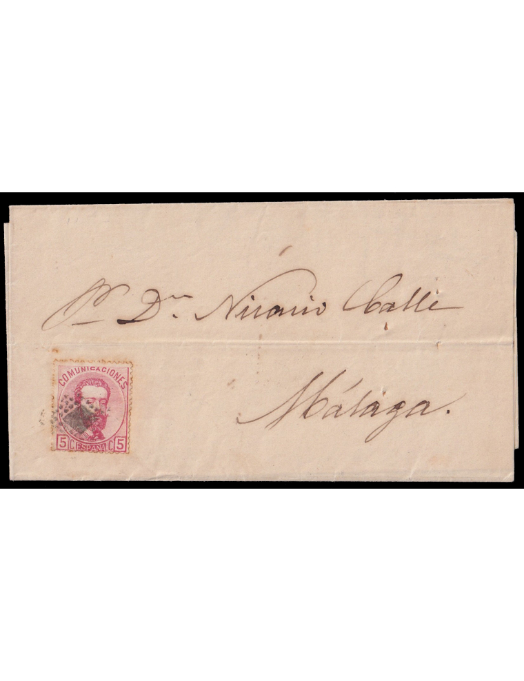 118 1873 (6 ABR) Málaga. Correo interior. 5 cts. rosa mat. RP. Interesante envuelta de circular impresa fechada en su interior. 